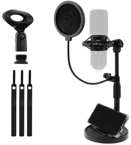 RTNLIT Desktop Mic Stand with Phone Holder, Adjustable Desk Microphone Stand with Pop Filter, Shock Mount, Mic Clip, 3/8 to 5/8 Screw Adapter for Blue Yeti Snowball Shure SM7B and Other Mics
