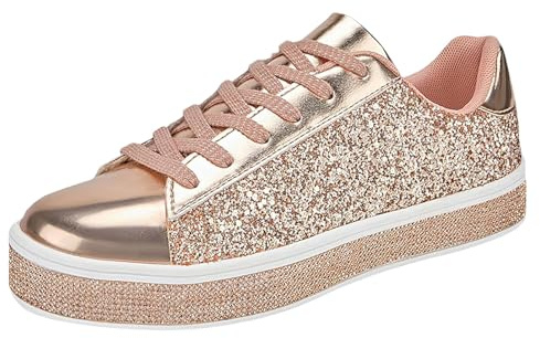 rismart Femmes Platform Baskets Chaussures Paillettes Scintillantes Strass Casual Lace-up Marche Sneakers Or, 39 EU