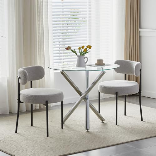 Homullel Round Dining Table and Chairs Set 2 Seater Kitchen Dining Set, 3 Pieces Table & Chairs Dinner Table Set for 2 (90cm Glass Table, 2 Seats, Grey Fluffy)