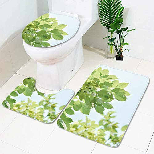 Bad Teppiche Set Hellgrüne Blätter Badezimmerteppich Waschbar WC Vorleger mit Ausschnitt und WC Deckelbezug 3 Teilig Badematte rutschfest Toilettensitzbezug Badgarnitur 50x80 cm