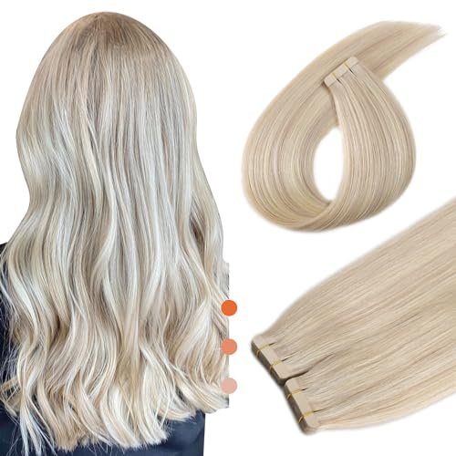 XDhair Tape Extensions Echthaar Ashblond Highlight Gebleichtes Blond 20pcs 50g 40cm Invisible Seidig Gerade Skin Weft Tape Ins Natürlich Erweiterungen (#18P/613-16）
