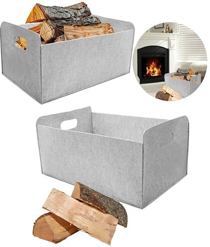 2 Stück Filztaschen für kaminholz Kaminholztasche Faltbar Filzkorb Kaminholzkorb Einkaufstasche Henkeltasche für Holz, Zeitungen Grau