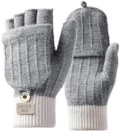 flintronic 1 Pares Guantes sin Dedos Mujerese Hombr, Convertibles Manoplas de Punto de Guantes sin Dedos con Cubierta, Guantes de Invierno para Bicicletas de Esquí a Pie, Gris