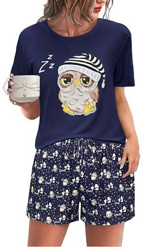 Demegimi Pigiama da Donna in Cotone con Stampa Pigiama Donna Estivo Pigiama Corto a Girocollo Pigiami Casual da Casa Morbido e Confortevole