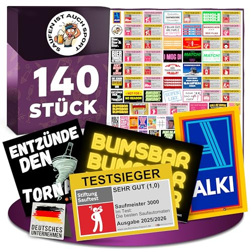 Malle Sticker 140 Stück – Lustige Aufkleber für Mallorca Partys | Perfekte Malle Accessoires für jede Mallorca Party – jedes Motiv 2 mal, ideal für JGA, Festival, Saufparty und Oktoberfest.