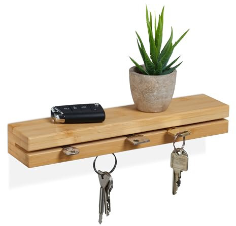Relaxdays Support de clés magnétique en Bambou avec étagère, L : 29,5 cm, Rangement Mural, Couleur Naturelle