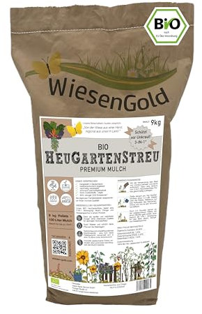 Rindenmulch Alternative, Torfersatz, natürlicher Staudendünger, WiesenGold® Bio-HeuGartenStreu (9kg) – natürlicher Premium Mulch für dein Beet, Schützt vor Unkraut 3in1