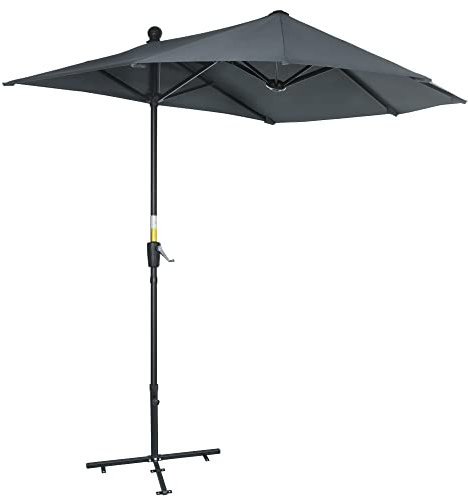 Outsunny Ombrellone Mezzaluna Doppio da Parete e Muro 2x1.9 m con Apertura a Manovella, Ombrellone da Giardino con 7 Stecche, Supporto a Croce in Acciaio e Poliestere 180g/㎡, Anti UV, Grigio