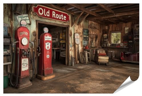 islandburner Poster XXL - Ancienne station-service sur la route 66 - Pour salon et amoureux du café - Qualité supérieure
