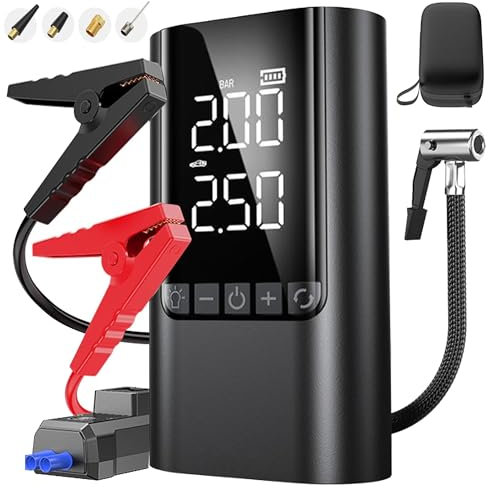 COCCKO Arrancador de Batería de Coche 6000A,con 150PSI Compresor de Aire,10000mAh Arrancador Coche Portatil con Inflador(Toda Gasolina o 10L Diésel),12V Jump Starter,con Linterna LED y SOS