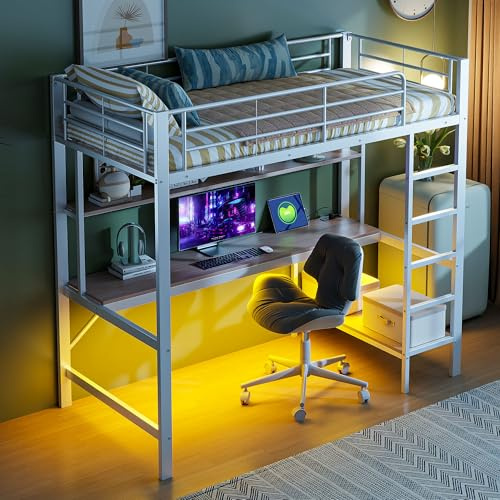 MOBETTRES Bunk Bed, Railing, Step Ladder, with USB and Socket, Remote Controlled Ambient Light, Desk, Multi-Tier Shelf, Without Mattress, Metal, Black (White, 90 x 200 cm)