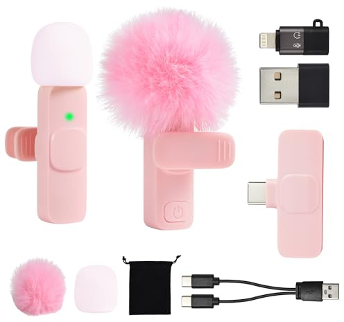Mini Microfono Inalambrico para iPhone Movil Android Tablet iPad PC, 2 Mic de Solapa USB C/A para Podcast Vlogging Grabación de Video YouTube TikTok Creadores de Contenido Entrevista, Micro Rosa Claro