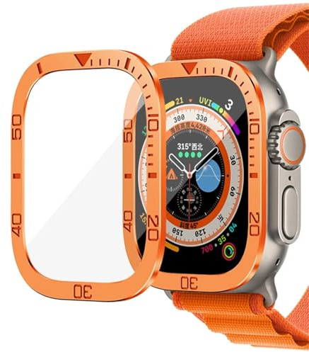 SAAWEE Härdat glas för Apple Watch Ultra 2 49 mm skärmskydd Anti-skrapa metallram för IWatch Series Ultra 49 mm tillbehör(Orange)