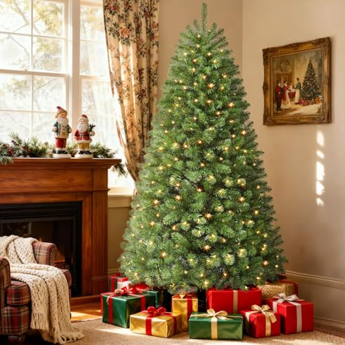 SHareconn 6ft Pre Lit Christmas Tree, Artificial Christmas Tree with 250 LED Warm White Lights, 8 Light Modes, Foldable Metal Stand, Easy-to-Assemble Indoor or Outdoor Christmas Tree, 6FT