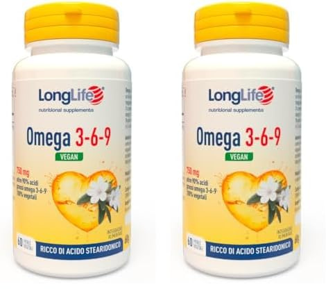 LongLife® Omega 3 6 9 Vegan | Integratore di acidi grassi 100% vegetali ALA e SDA | Ricco di omega 3 | Funzione cardiovascolare | 60 perle | Vegan e senza glutine (Confezione da 2)