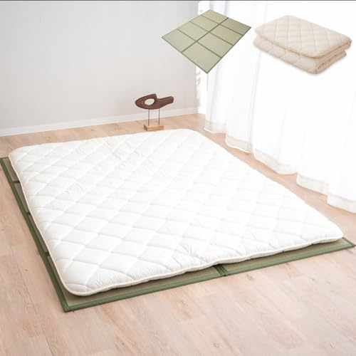 EMOOR Japanische Futon Matratze CLASSE 140 x 200 cm und Faltbare Tatami Matte (Igusa Matratze) Set, Faltbar Schlaf Traditionelle Boden Bett Pad Baumwolle