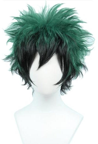 Linfairy Peluca corta verde con rizos negros para disfraz de Halloween peluca de cosplay unisex