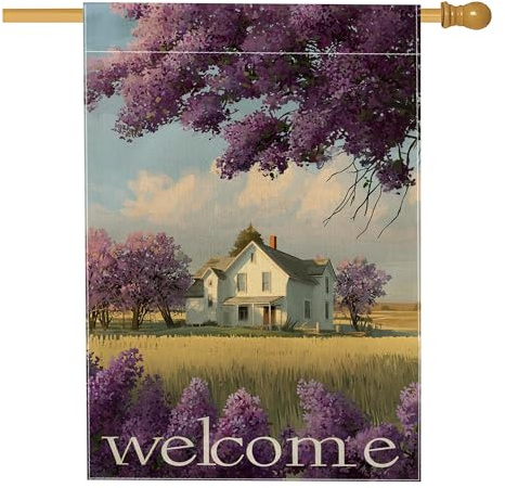 Drapeau de jardin de bienvenue printemps été, lilas violets, campagnard, décoration d'intérieur, bannière de cour, décoration de pelouse extérieure de vacances, 71 x 101,6 cm