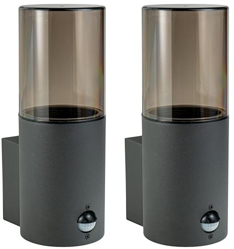 JungesLicht - 2x Wandleuchte Bewegungsmelder IP54, E27, 24x8,8cm, Rauchglas-Optik, Anthrazit, Moderne Wandlampe, Außenleuchte Innenleuchte 230V, Fassadenleuchte, Gartenleuchte, Versand ohne LED