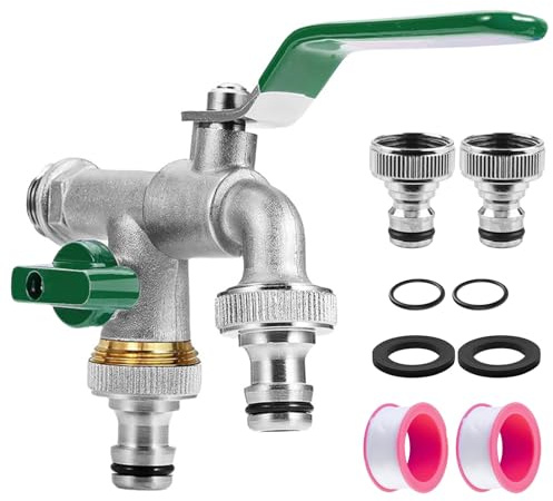 Wasserhahn Garten 1/2 Zoll, Doppel Auslaufhahn mit 2 Schlauchanschlüsse und 2 Trommeldichtband Garten Wasserhahn Kugelauslaufhahn Frostsicher -20℃ für Garten Haushal (Grün)