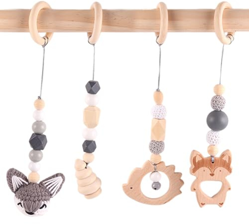 4 Stück Spielbogen Baby Holz, Afenau Spielebogen Babies Holz, Abnehmbar Spieltrapez Baby Gym Anhänger für Autositze, Kinderwagen und Autositzspielzeug (Grau)