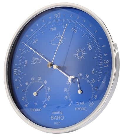 Luocute Hygromètre Baromètre du Thermomètre Toute Saison, Alliage D'aluminium 3 dans 1 Station Météorologique Extérieure Intérieure, Grand Cadran de 7,09 Pouces, Couleur Bleue, Prédire