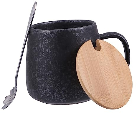 BIUDECO Taza de Cerámica Retro para Desayuno con Tapa y Cuchara, Antiescaldado y Mango Cómodo, Adecuado para Café, Leche y Agua
