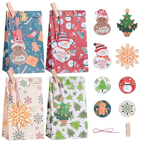 Sacchetti Regalo di Natale, 24 Pezzi-4 Stili Buste Regalo Natale Set, Buste Natalizie per Regali, sacchettini natalizi piccoli sacchetti di carta con mollette di legno, cordino, adesivi, etichette