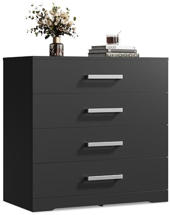 WLIVE Kommode mit 4 Schubladen, Moderner Schubladenschrank, Schwarz | 40T x 75B x 73H cm, Glatter Metallschiene, Komodenschrank, für Schlafzimmer, Wohnzimmer, Flur