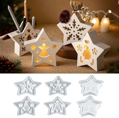 EPODA 6 Stück 3D Sterne Silikonform Weihnachten mit Wichtel Baum Muster Gießformen Silikon für DIY Weihnachtsdekor