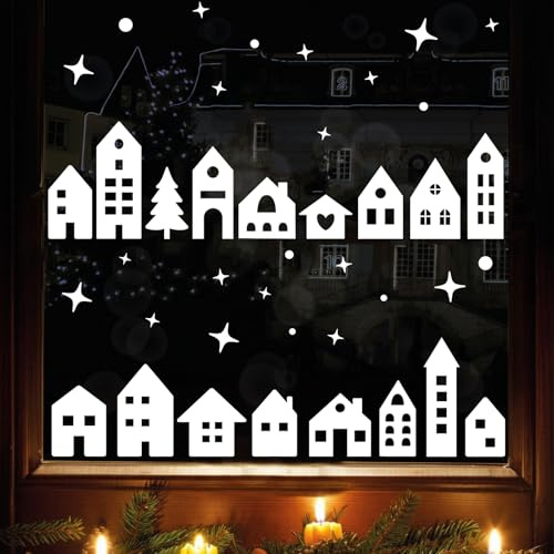 6 Blätte Fensterbilder Weihnachten Häuser, Weihnachten Fensteraufkleber Winter Haus, Weihnachtsdeko Selbstklebend Weihnachtsfensterbilder für Xmas Winter Hause Weihnachtsdeko