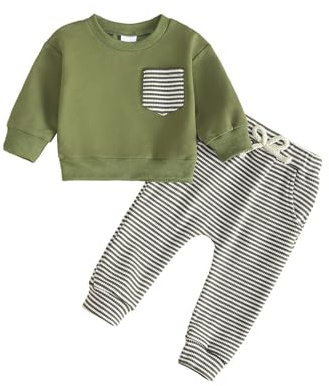 UUAISSO Completi per Neonati Completi con Felpe a Righe a Maniche Lunghe Top e Pantaloni a Nido d'ape Bambino Autunnali Verde 12-18 mesi