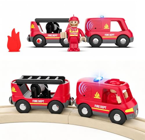 Cylora Feuerwehr-Löschzug, Holzeisenbahn, Feuerwehr Leiterfahrzeug mit Licht und Sound, Zug Kinder Spielzeug kompatibel mit Thomas, Brio, Spielzeugauto für Kleinkind Junge Mädchen, Rot