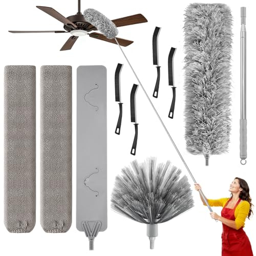 MimAuto 100-inch Duster with Extension Pole, 9-in-1 Cobweb Duster Kit Includes Spider Web Brush & Flat Gap Cleaner for High Ceiling, Fan, Under Appliances, Car, Home Deep Cleaning