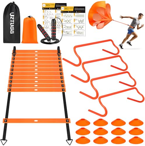 UZTUGG Agility Ladder Speed Training Set - 20ft Agility Ladder with 12 Cones, 4 Hurdles, Jump Rope, Running Parachute & Carry Bag for Soccer, Basketball, Football, Kids & Adults