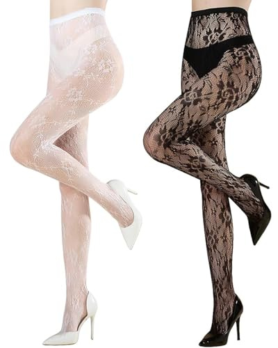 RhiVrillion Collant Femme Dentelle 2 Paires - Motif Fleuri Noir & Blanc Style Lolita en Nylon Délicat - Taille Unique pour Soirée, Rendez-vous ou Tenue Quotidienne