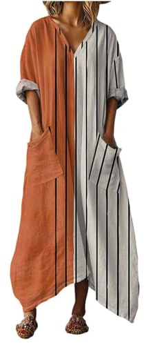 Mfhmom Vestito Donna Estivo Lungo in Cotone e Lino Abito Boho Chic con Grandi Tasche Scollo a V Manica Corta Ampio Traspirante Casual Vestiti Lunghi Estivi Donna Leggero Mare