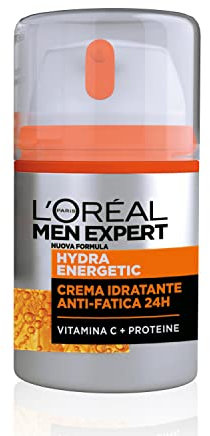 L'Oréal Paris Men Expert Crema Idratante Anti-Fatica Uomo, Pelle Rivitalizzata, Levigata e Idratata, Occhiaie e Rughe Sottili Ridotte, Arricchita con Proteine e Vitamina C, Hydra Energetic, 50 ml