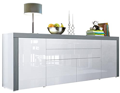 Vladon Sideboard La Paz V2, Made in Germany, Kommode mit 2 Türen, 2 Schubkästen und 2 Klappen, Weiß Hochglanz/Weiß Hochglanz/Avola-Anthrazit (200 x 72 x 35 cm)