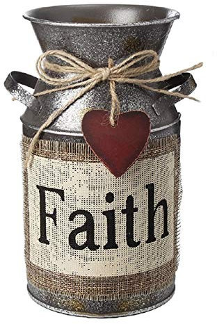 IDoall 7.5 High Rustic Decorative Vase with Greetings and Rope Design, Metal Milk Can Country Jug for Living Room, Bedroom, Kitchen(Faith)