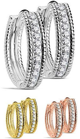 Treuheld® | Schmale CREOLEN mit KRISTALLEN (Silber Gold Rosegold) - EDELSTAHL - Damen OHRRINGE mit klaren Zirkonia - Ohrstecker mit Klappverschluss - 3 mm breit - Ohrschmuck Ohrring - zum Klappen