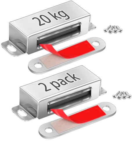 Strong Magnetic Door Catches/Latches 20 kg 2 Pack - Hold Warped Doors Tight | Cabinet Magnets for Closure Stainless Steel for Cupboard Closet Drawer Window - No Measure or Mark Install in 5 Mins