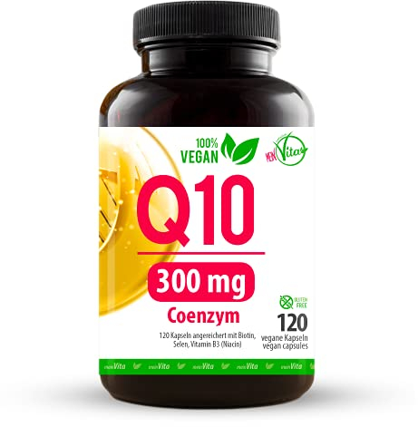Coenzym Q10-300mg pro Kapsel hochdosiert, 100% Vegan – 120 Kapseln - Bioaktiv - aus pflanzlicher Fermentation - Laborgeprüft, mit B3, Biotin, Selen