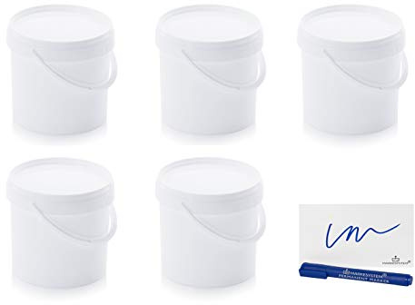 MARKESYSTEM Cubo HERMÉTICO Catering Pack de 5 X 3,8 litros - Cubos de Plástico con Tapa - Contenedores Apilables - Envasar Alimentos, Líquidos y Pinturas - Polipropileno Blanco + Kit Etiquetado
