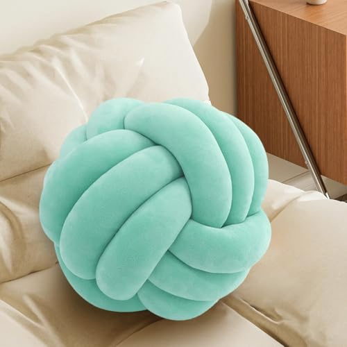 Knot Pillow Ball, Handmade Decorative Throw Pillow, Soft Round Knotted Cushion for Couch & Bedroom, Cute Home Decor, Braided Pillow for Living Room (13.8 Inches, Teal)