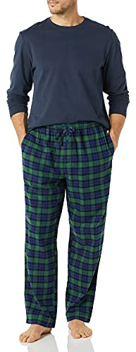 Amazon Essentials Men's Flannel Pant and Long-Sleeve T-Shirt Pajama Set, Navy/Tartan, Large