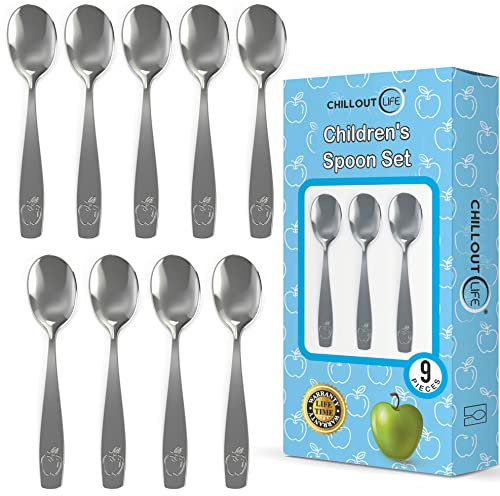 9 Piece Stainless Steel Kids Spoons - Child and Toddler Safe Flatware - Kids Utensil Set - Metal Kid Cutlery Set, Dinner Spoon Set for Dessert - Includes a Total of 9 Small Spoons