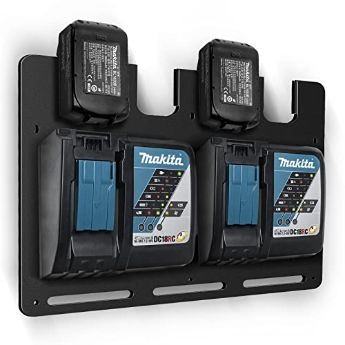 Bonna Wandhalterung für Makita Akkuhalter und Ladegeräte Wandhalterung | Stabiler 4er Akkuhalter 18V 14,4V und Ladegeräthalter | Makita 2xDC18RC und 1xDC18RD | Ordnung in Werkstatt und Garage