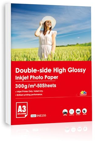 Inkuway doppelseitiges dickes glänzend Fotopapier 300g A3 50 Blatt Papier Liefert echte 5760DPI Fotodrucke