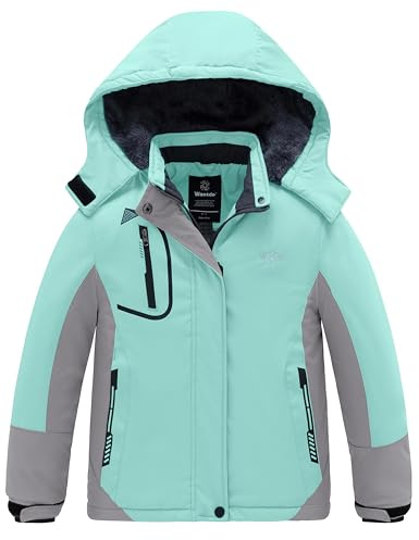 Wantdo Flickor berg skidjacka varm vinter fleece rockar vattentät andas regnrockar utomhus huvor jackor, Mintgrön, 152/158 cm